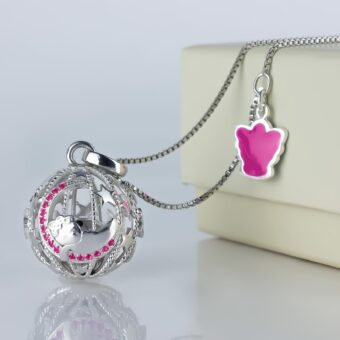 Chiama Angeli per Bambina Prestige, in argento 925% con zirconi rosa e piccolo angelo rosa sulla collana lunga 100 cm