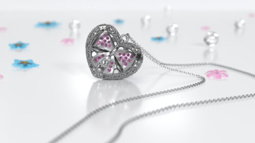 Chiama Angeli Prime Coccole Fiocco, collana per gravidanze lunga 100 cm argento 925% certificato, gioiello di artigianato artistico italiano, ha una forma a cuore intricata con un design traforato e un motivo centrale a forma di fiocco decorato con zirconi rosa.