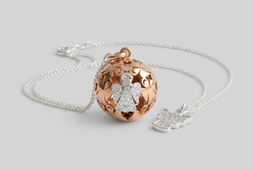 Chiama Angeli gravidanza in argento 925 con sfere in oro e angelo protettore con zirconi Richiamo Degli Angeli