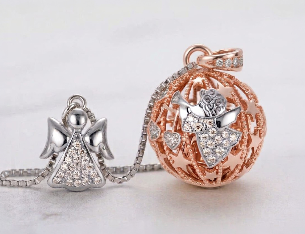 Chiama Angeli Canto Degli Angeli Oro Rosa con collana lunga e campanellino