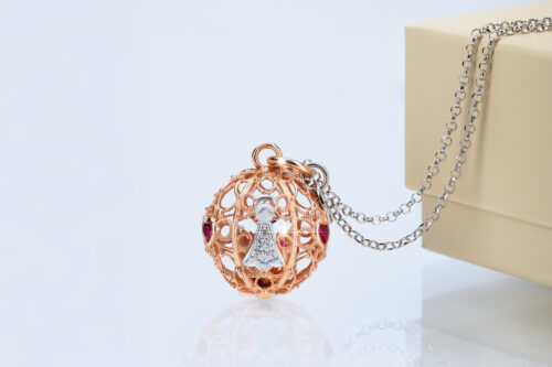 Collana Chiama Angeli Gravidanza Oro Rosa con collana lunga e sonaglio